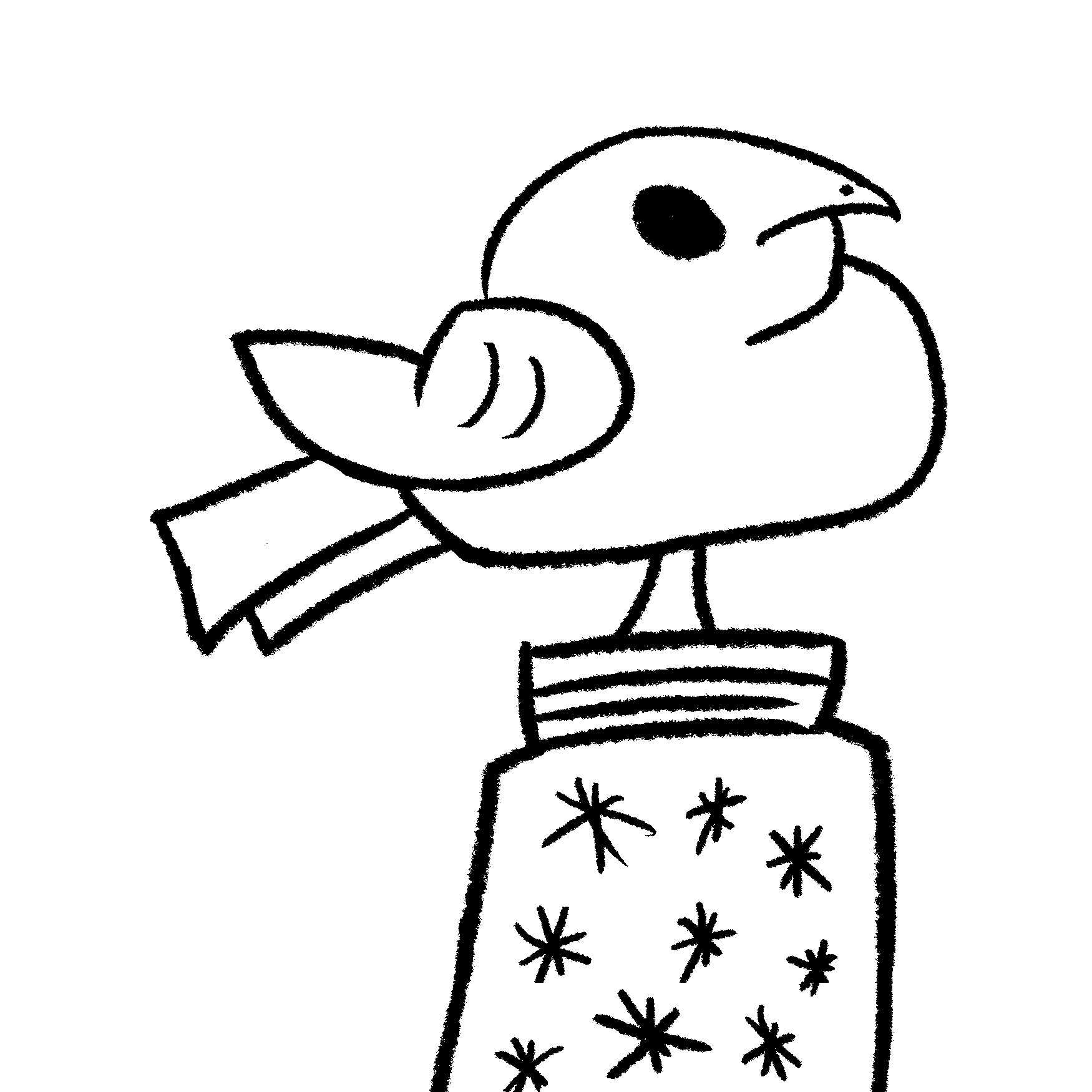 Logo for Nameless Nightjar, it's a crude drawing of a nightjar standing on a jar full of stars